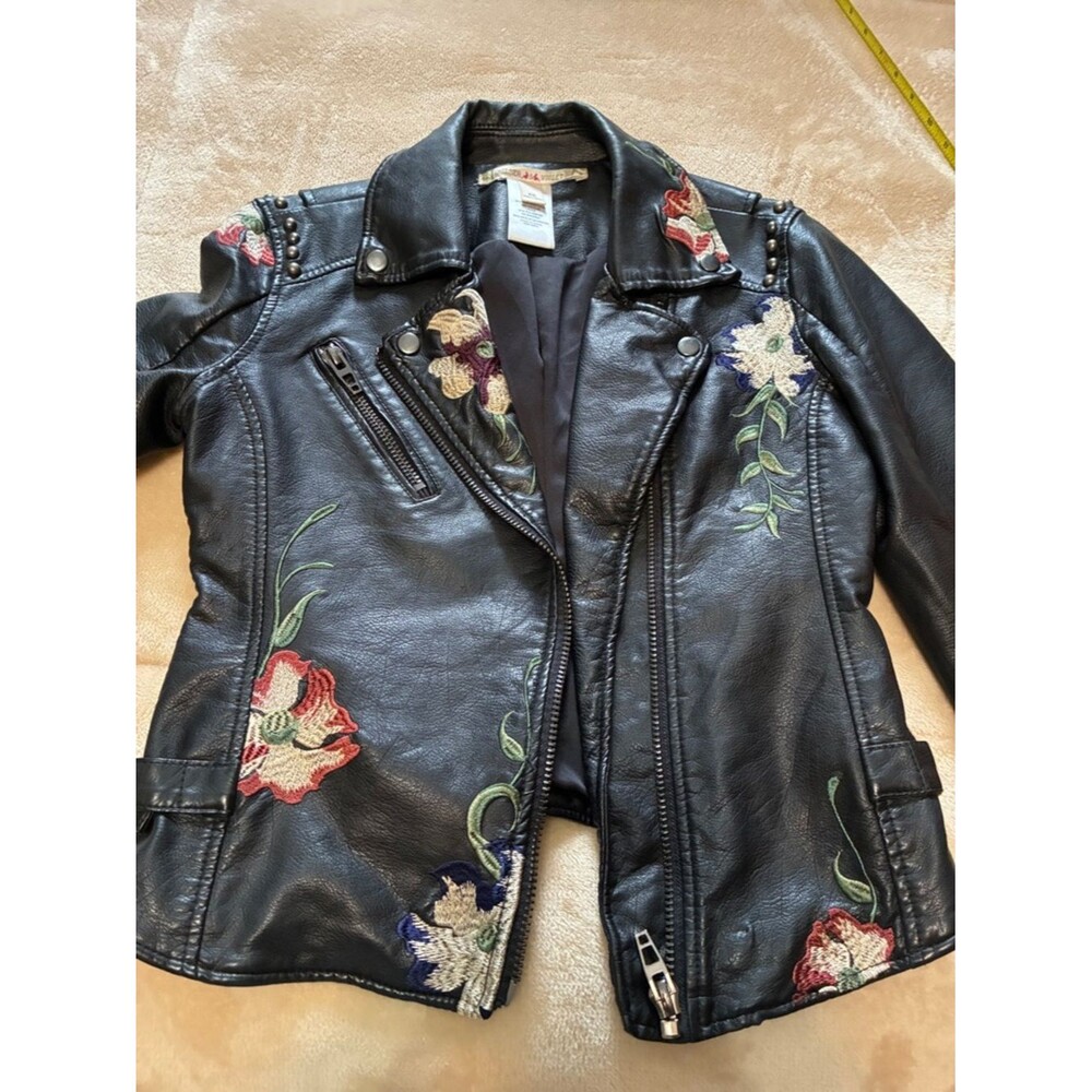 Chelsea & Violet Studded Embroidered Floral Moto Faux Leather Jacket XS